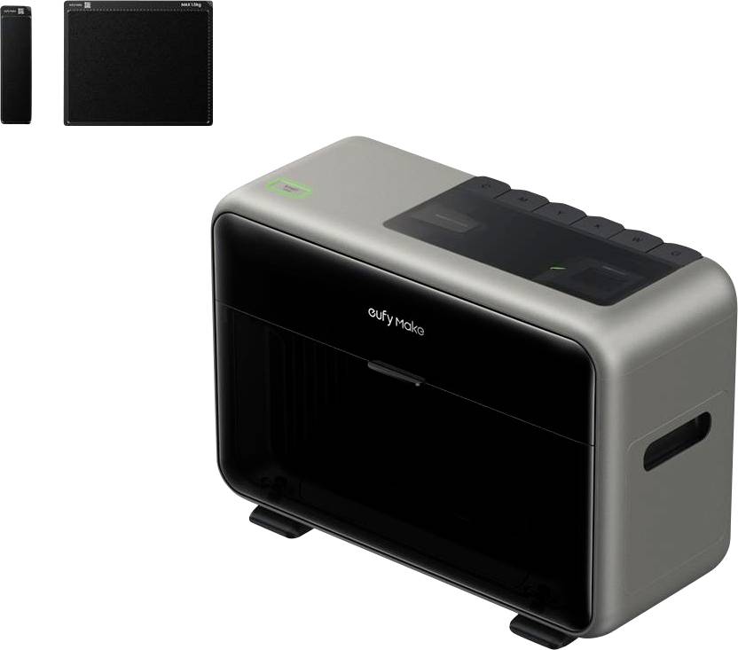 Appareil électronique compact GufyMaio en gris et noir, présenté en 3D sur un fond blanc avec de petites vues en incrustation de ses panneaux latéral et frontal.