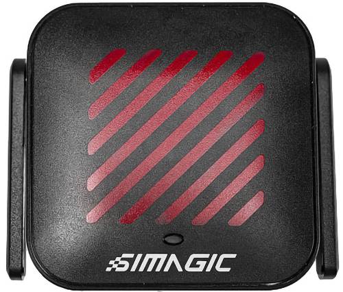 Dispositif Simagic de forme carrée noire avec des rayures diagonales rouges et des supports latéraux, présenté de face sur un fond blanc.