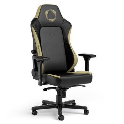 Chaise de bureau pivotante ergonomique noir et or avec dossier haut, appui-tête, accoudoirs réglables et base à roulettes sur fond blanc