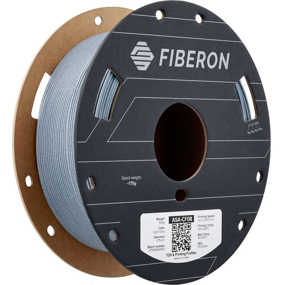 Bobine de filament pour imprimante 3D bleu sur une bobine FIBERON avec étiquette et trou central.