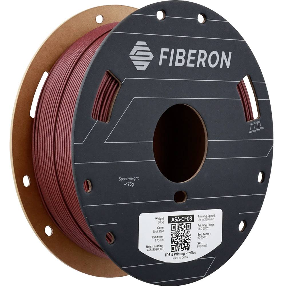 Bobine de filament d'imprimante 3D Fiberon ASA-CF08 rouge, étiquetée avec les spécifications du matériau et code QR.