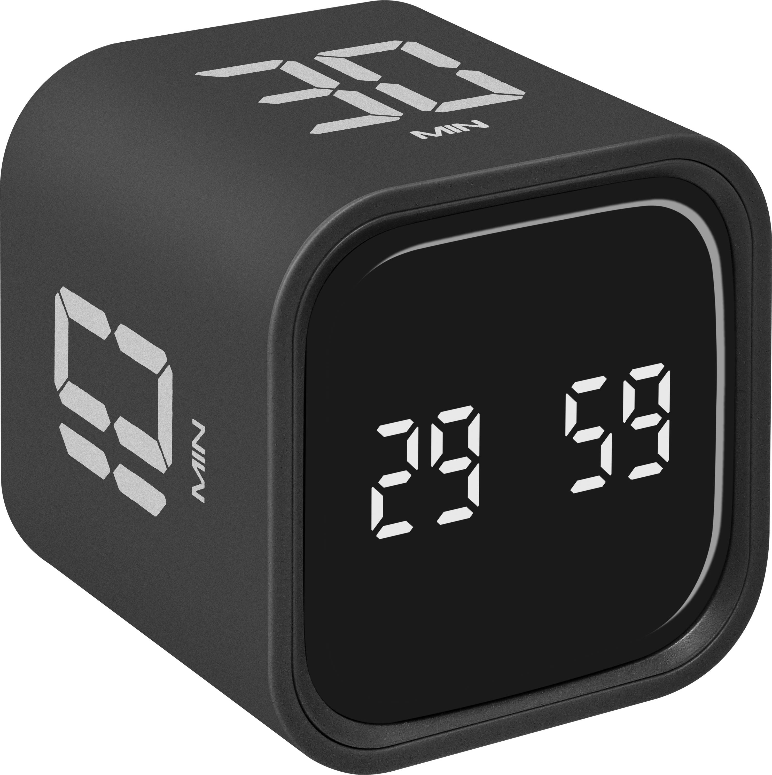 Horloge numérique cubique noire affichant 29 et 59 sur le devant, avec 30 MIN et 9 MIN sur les côtés.