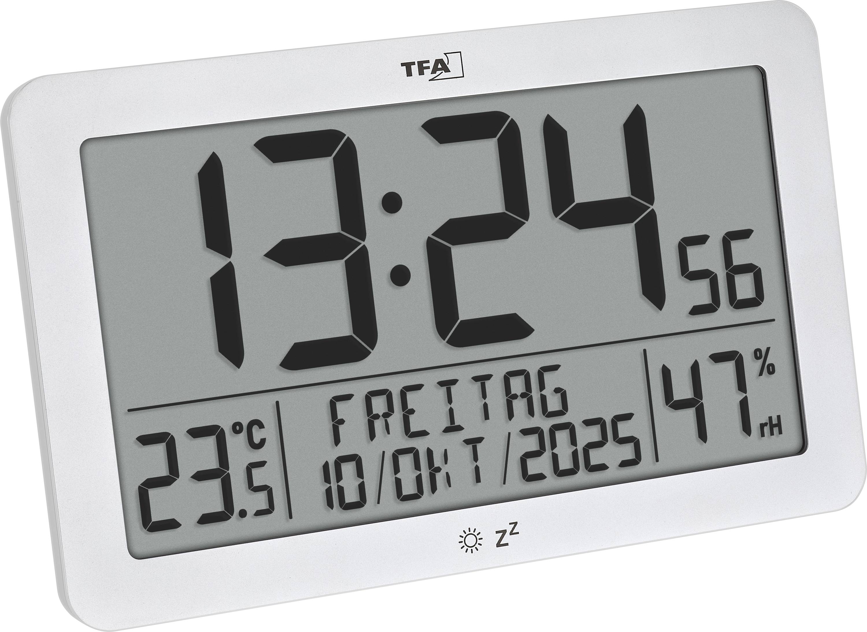 Horloge murale numérique avec grand affichage de l'heure 13:24:56, date VENDREDI 10/07/2025, et conditions de la pièce 23,5°C et 47% d'humidité.
