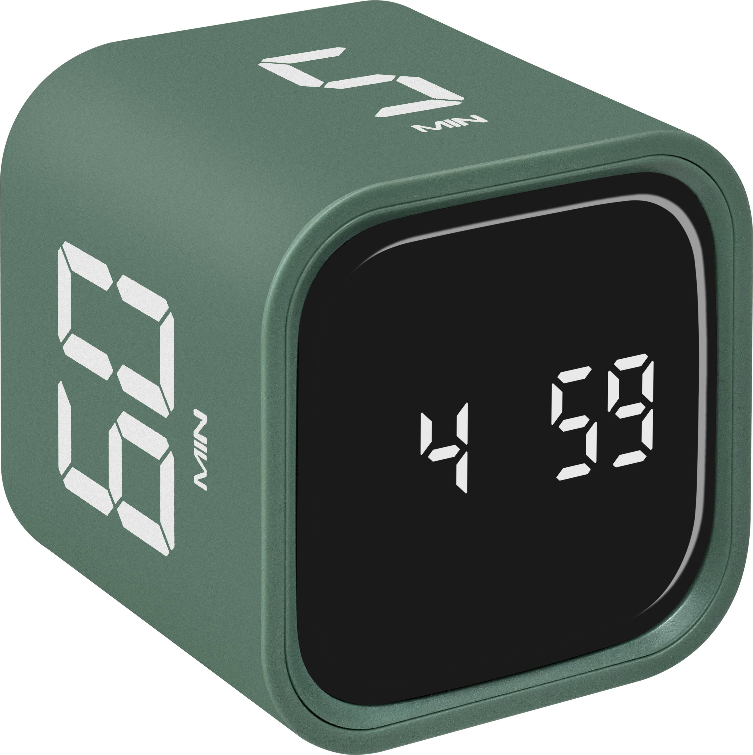 Horloge numérique cube vert affichant 4:59 sur un écran frontal noir, avec des marquages blanc en sept segments et des étiquettes « MIN » sur les côtés.