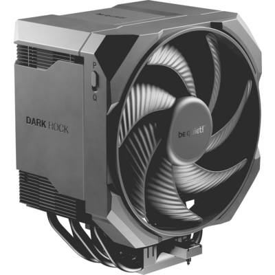 Photo de produit d'un refroidisseur CPU be quiet! Dark Rock avec un grand ventilateur noir et un dissipateur thermique à ailettes, montré sur un fond blanc.