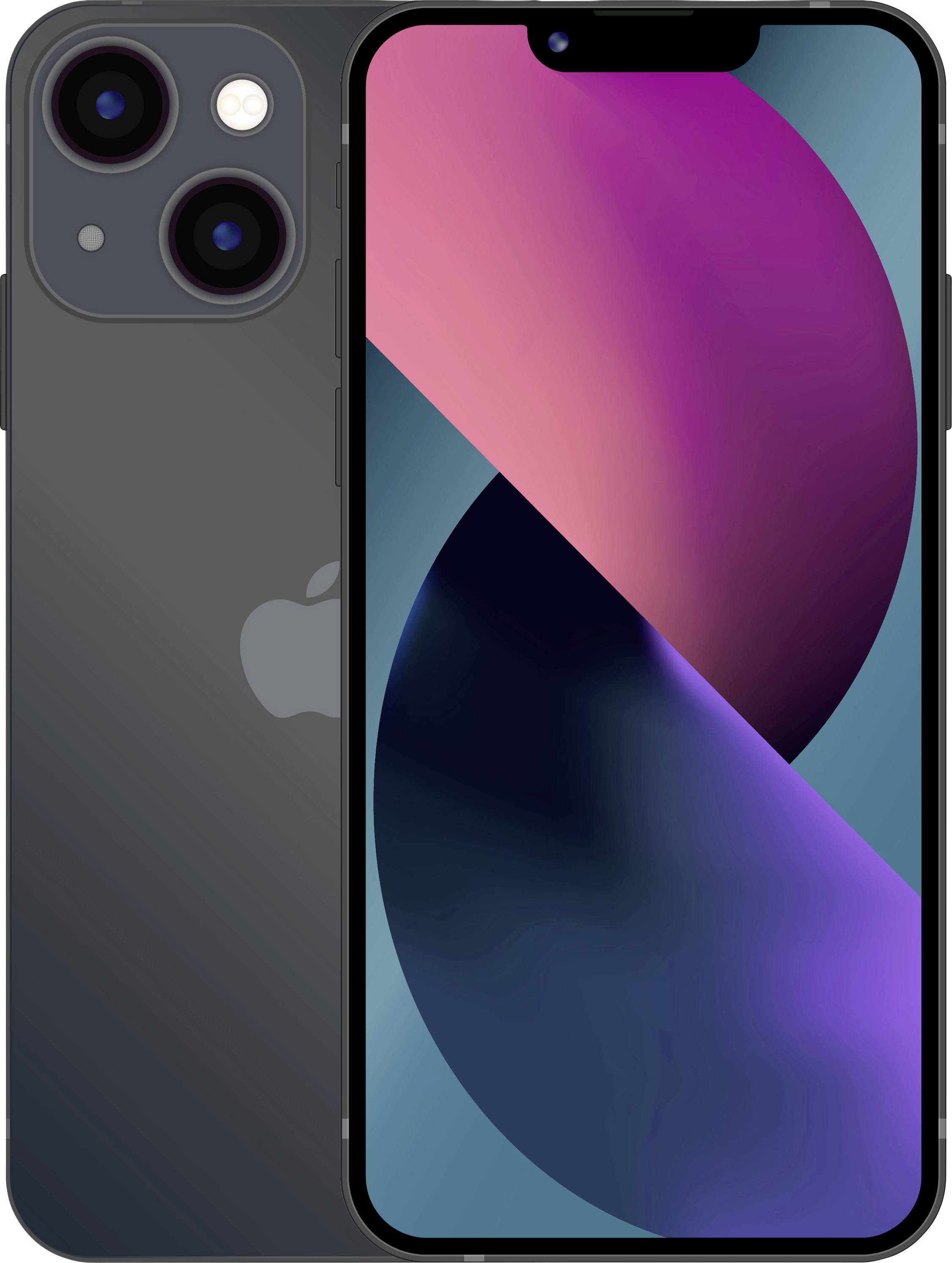 iPhone gris foncé montré de face et de dos, avec trois caméras arrière et un fond d'écran abstrait coloré sur l'écran.