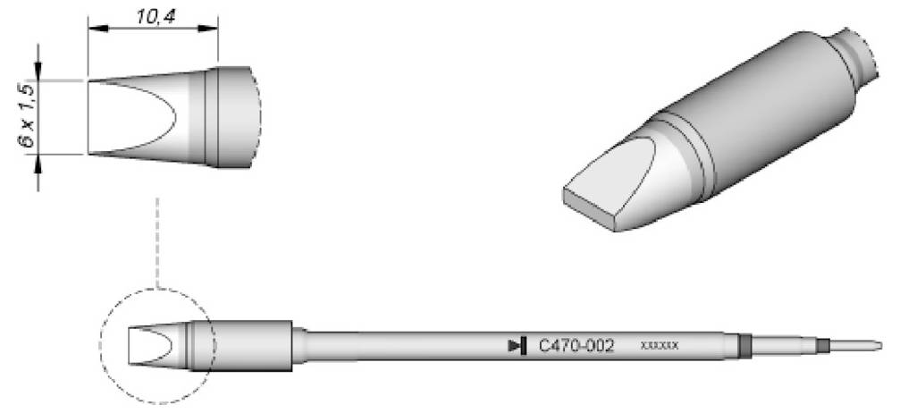 Dessin technique d'un outil en forme de stylo avec une pointe effilée ; l'encadré montre les dimensions de la pointe étiquetées 10,4 et 6 x 1,5, et le canon est marqué « C470-002 ».