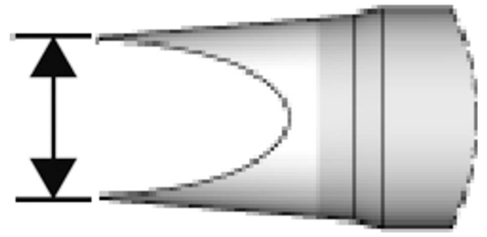 Schéma d'une pièce cylindrique conique avec une découpe ou un alésage courbe central, représentée avec une double flèche verticale indiquant sa hauteur ou son diamètre.