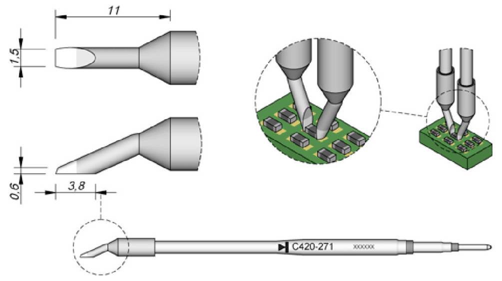 Diagramme technique des pointes de fer à souder : deux formes de pointes avec dimensions, plus un outil de soudage de style stylo insérant des composants dans une carte de circuit imprimé.