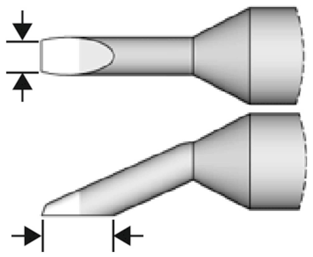 Diagramme comparant deux formes de buses : le haut possède un arbre droit avec une pointe arrondie ; le bas possède un arbre courbé. Des flèches marquent les dimensions clés.