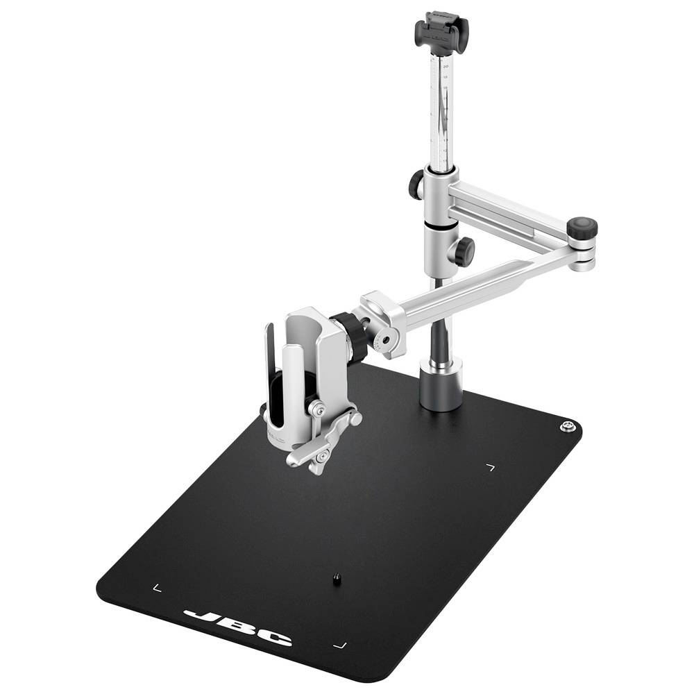 Poste à souder JBC avec bras de microscope réglable et porte-outil monté sur une plaque de base noire.
