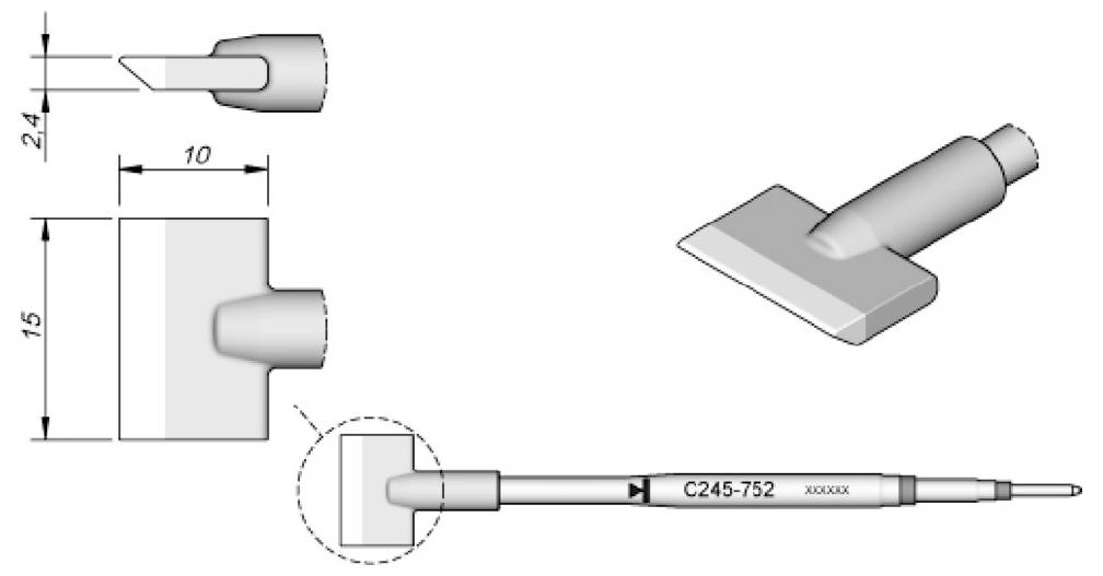 Dessin technique d'une pointe de fer à souder C245-752 avec les dimensions 24, 15 et 10, plus un détail montrant la pointe montée sur le manche du fer à souder.