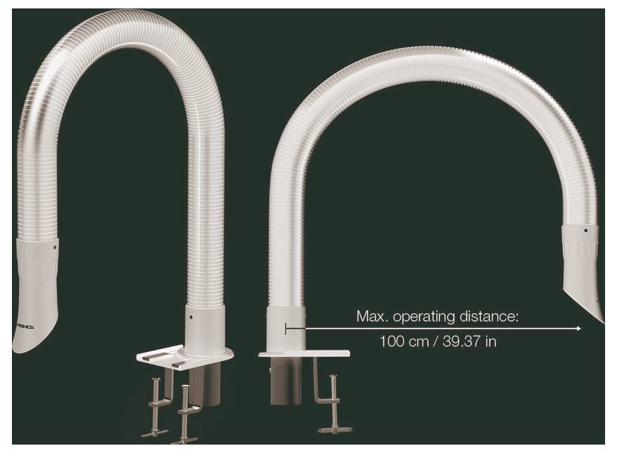 Image produit montrant un tuyau de robinet blanc flexible dans deux positions courbées, avec des colliers de montage et une distance de fonctionnement maximale indiquée de 100 cm / 39,37 po.