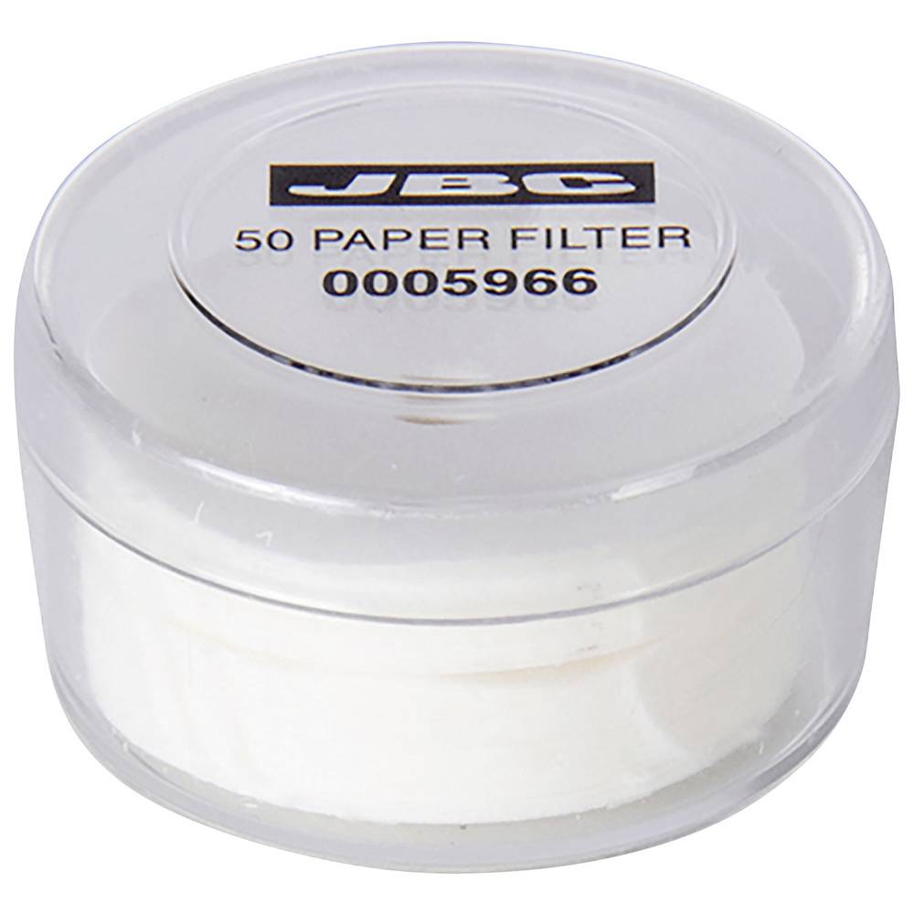 Petit boîtier en plastique transparent étiqueté « JBC 50 PAPER FILTER 0005966 » contenant des filtres en papier.