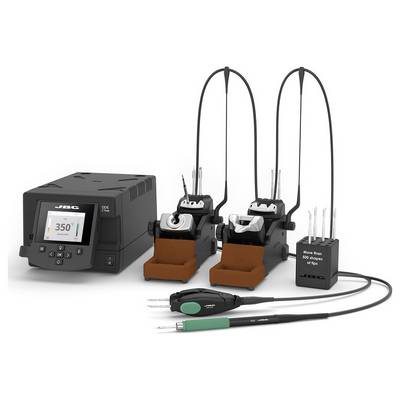 Station de soudage JBC avec unité de commande numérique, deux supports pour outils à main, nettoyeur de pointe, et deux outils de soudage connectés sur fond blanc.