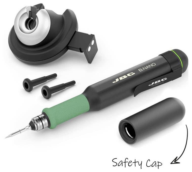 Poignée à souder JBC B.NANO avec panne, capuchon de sécurité et deux buses de rechange présentés sur un fond blanc.