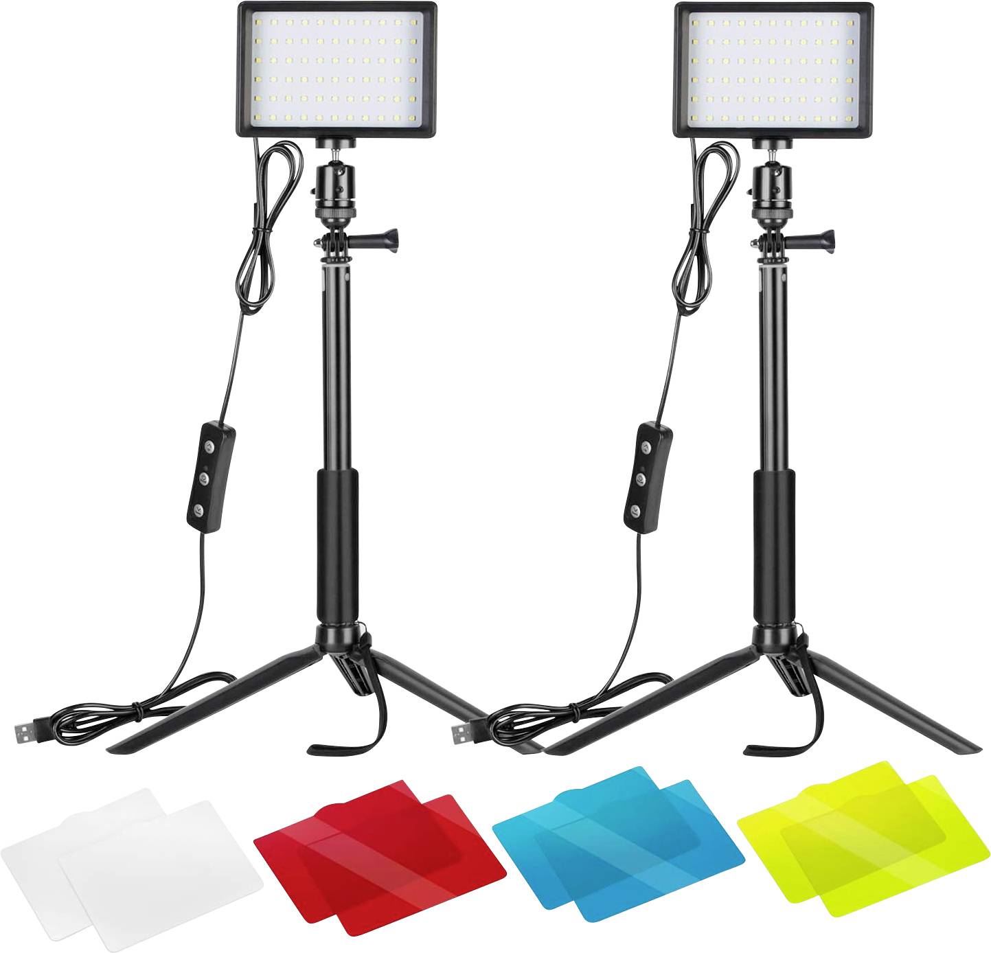 Deux panneaux lumineux LED portables sur trépieds avec câbles d'alimentation et interrupteurs intégrés, plus quatre ensembles de filtres de couleur : blanc, rouge, bleu et jaune.