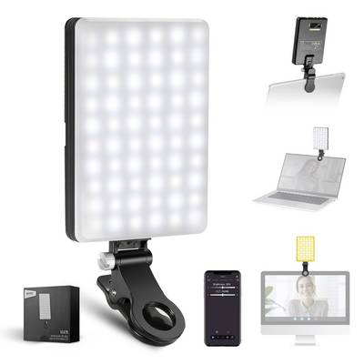 Lumière vidéo LED clip amovible avec contrôle par application téléphonique, montée sur un ordinateur portable, un moniteur et une tablette pour utilisation en webcam ou diffusion en direct.