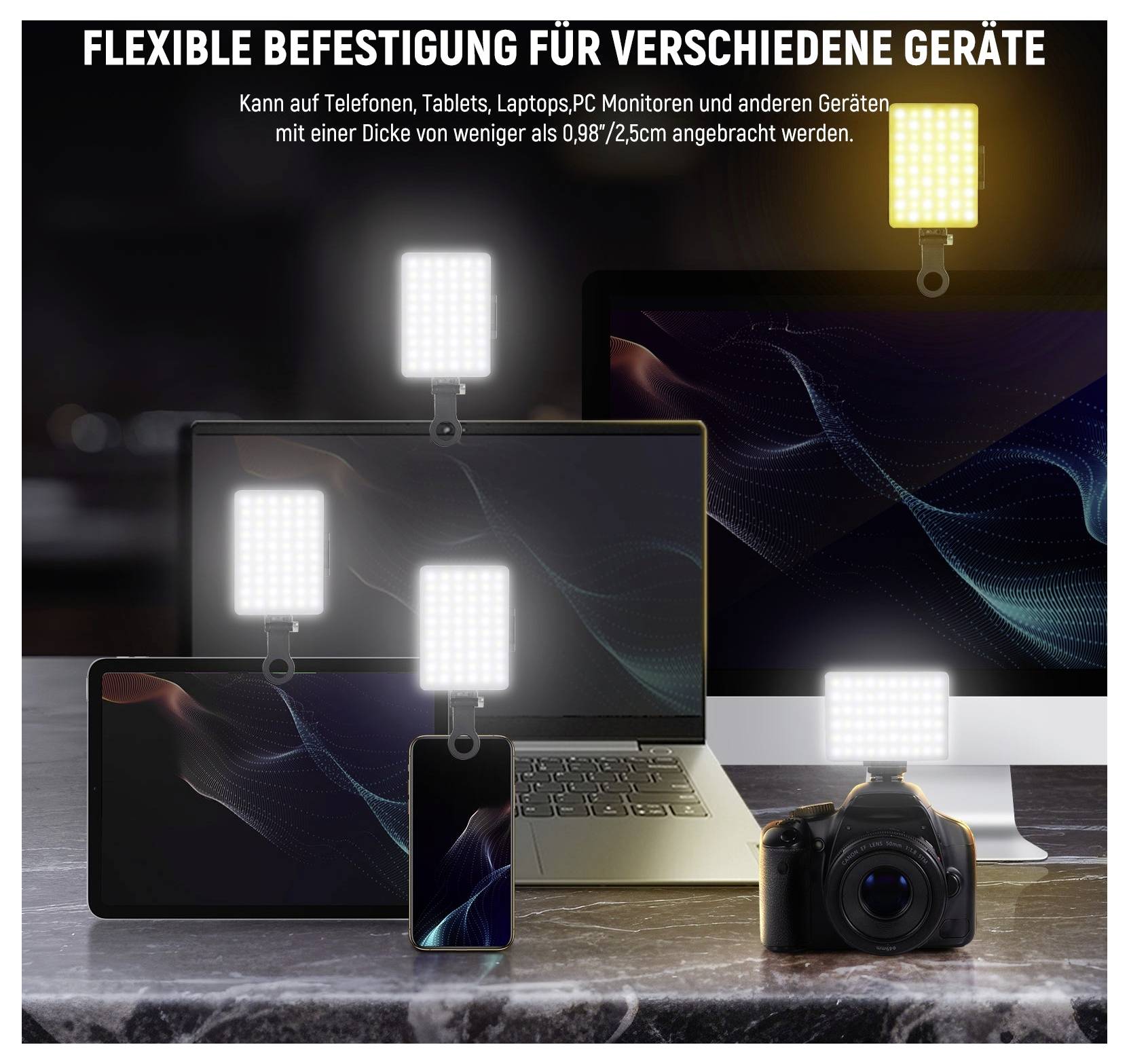 Les clips de fixation adhésifs pour rubans LED s'attachent aux téléphones, tablettes, ordinateurs portables, moniteurs et appareils photo ; le texte allemand indique un montage flexible pour les appareils d'une épaisseur inférieure à 0,98/2,5 cm.