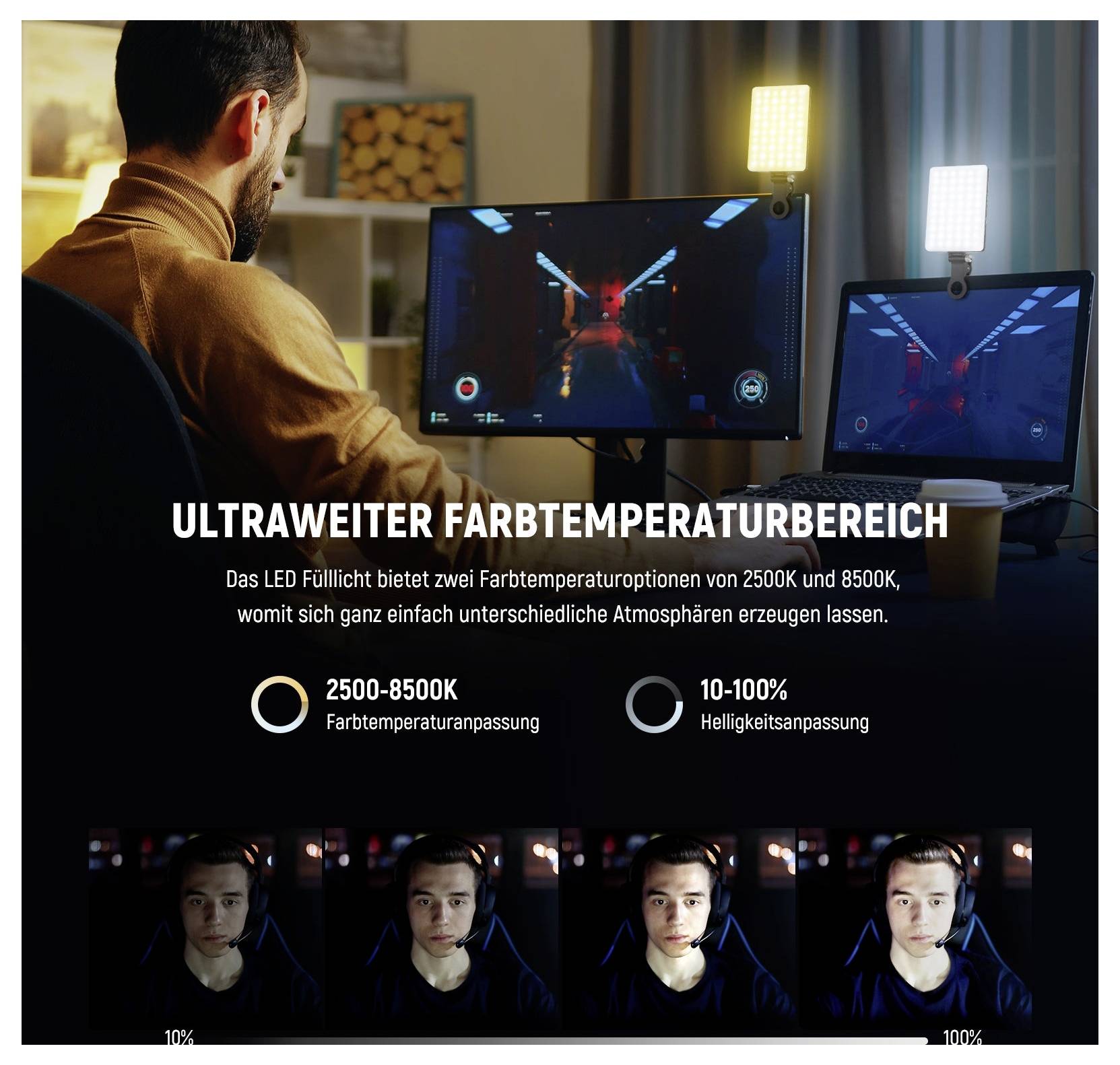 Graphique promotionnel allemand montrant un projecteur LED avec une plage de température de couleur ultra-large, 2500K-8500K et ajustement de luminosité de 10-100%, avec des exemples d'éclairage avant et après.