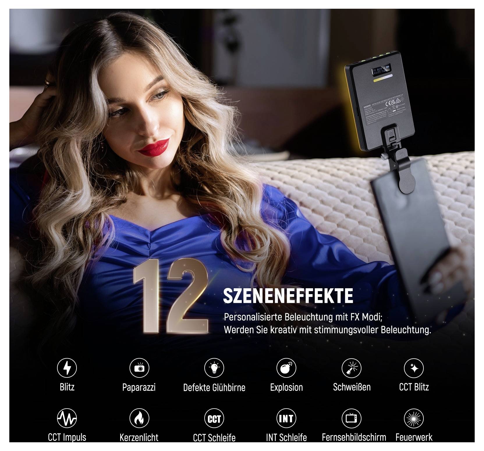 Graphique promotionnel pour « 12 Szeneeffekte » montrant une femme sur un canapé éclairée par une lampe annulaire de smartphone, avec du texte allemand publicitaire les modes d'éclairage personnalisables et les icônes d'effets ci-dessous.