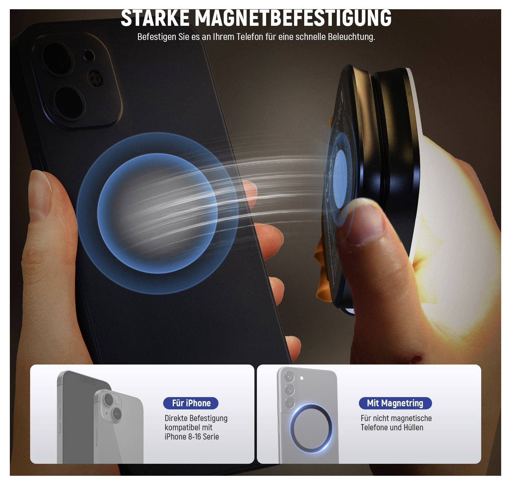 Graphique promotionnel pour un support de lumière magnétique pour téléphone, montrant un appareil s'accrochant à un iPhone ; le texte dit « fixation magnétique puissante » et note iPhone 8-16 et téléphones/étuis non magnétiques.