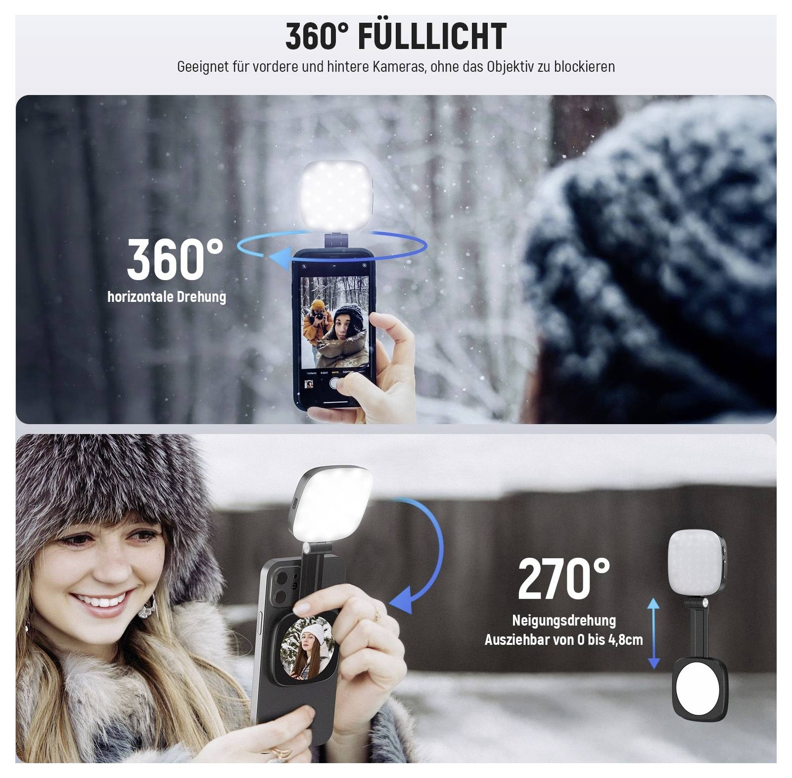 Graphique promotionnel pour une lampe de remplissage 360° avec caméras avant et arrière ; montre la rotation horizontale et l'inclinaison de 270° avec rallonge ajustable.