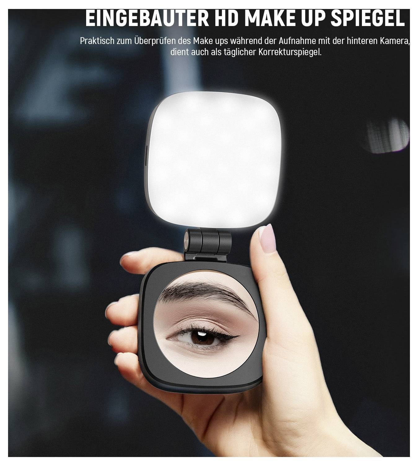 Main tenant un miroir compact avec une lumière LED et un miroir de maquillage HD intégré montrant un œil, étiqueté « MIROIR DE MAQUILLAGE HD INTÉGRÉ ».