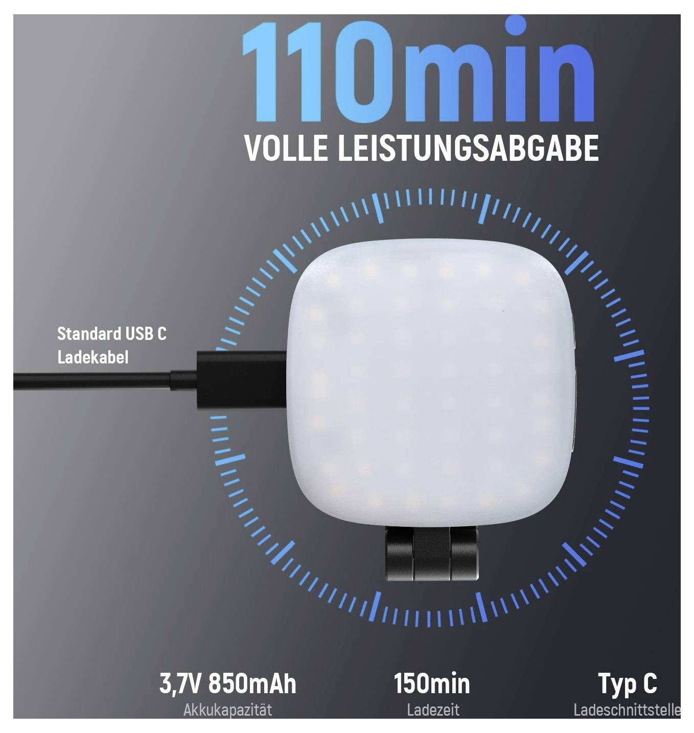 Graphique produit d'un boîtier de charge carré blanc avec câble USB-C, étiqueté « 110min PUISSANCE COMPLÈTE », « Câble de charge USB C standard », « 3,7V 850mAh », « 150min » et « Type C ».