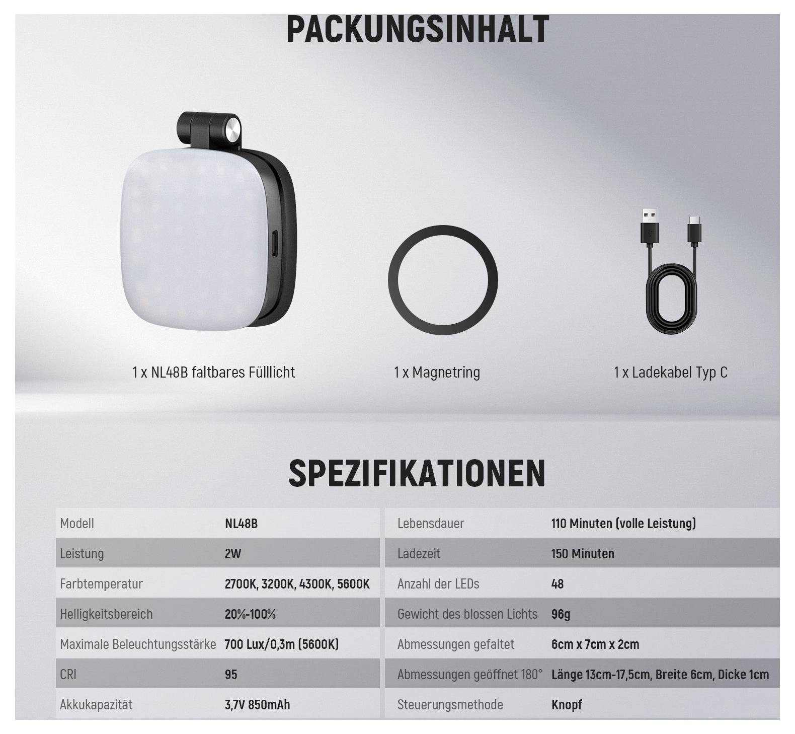 Inhalt und Spezifikationen der deutschen Produktverpackung für ein wiederaufladbares LED-Licht: Licht, Magnetring, USB-C-Kabel; 2W, 2700K-5600K, 110-Minuten-Laufzeit.