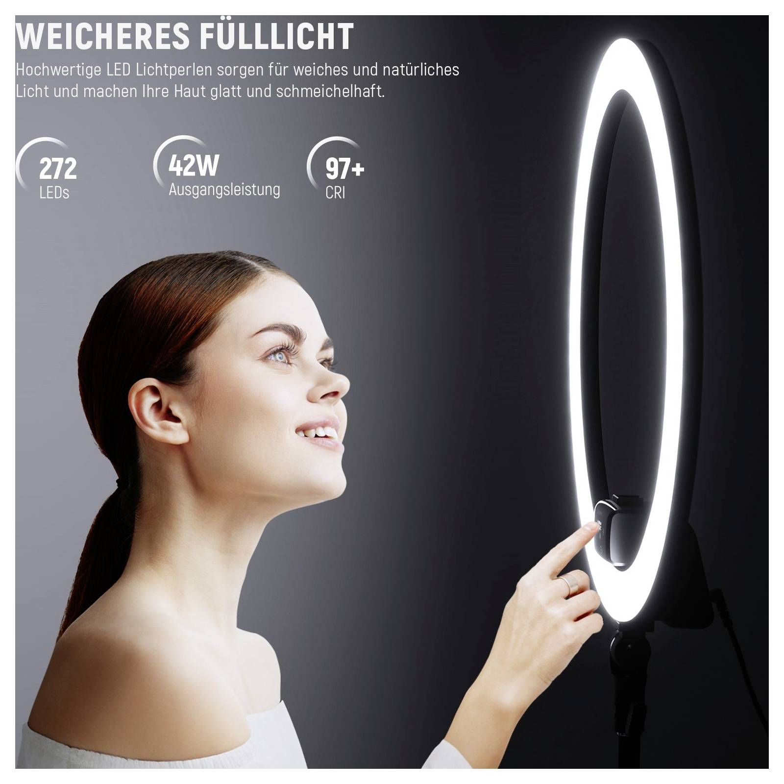 Publicité montrant une femme utilisant un miroir à anneau lumineux allumé. Le texte indique « WEICHERES FÜLLLICHT » et met en évidence 272 LED, une puissance de 42W et un CRI de 97+.