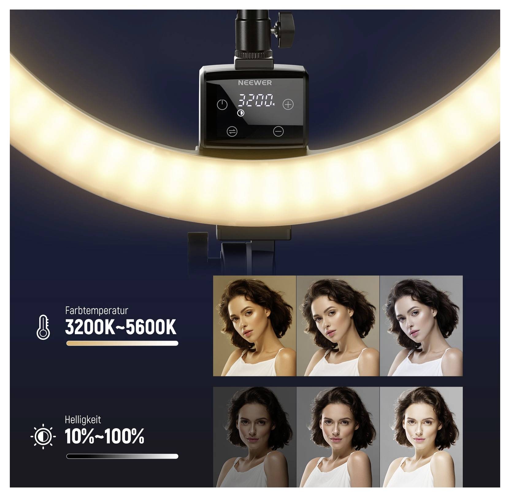 Image de produit d'une lampe annulaire Neewer avec écran, montrant la température de couleur ajustable 3200K-5600K et la luminosité 10%-100%, plus des exemples d'éclairage de portrait.