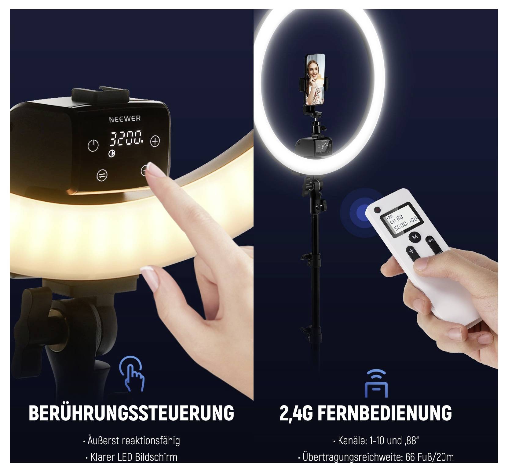 Image promotionnelle d'une lampe annulaire avec support pour smartphone, affichant les commandes tactiles et la télécommande 2.4G ; le texte met en évidence une portée de 1 à 10 m et plus de 88 canaux.
