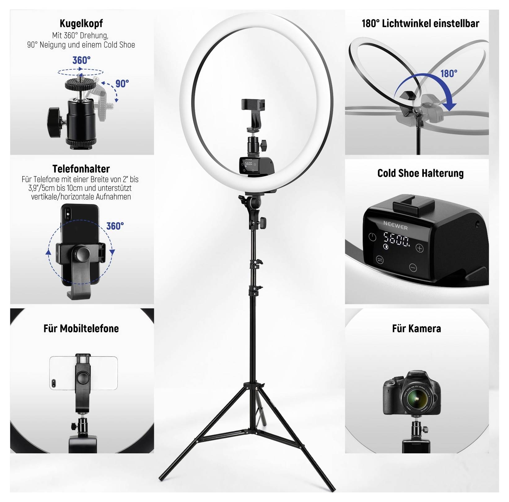 Collage de produit d'une lampe annulaire sur un trépied avec tête à rotule ajustable, inclinaison à 180°, sabot froid, et supports pour téléphone/caméra permettant une utilisation en mode portrait ou paysage.