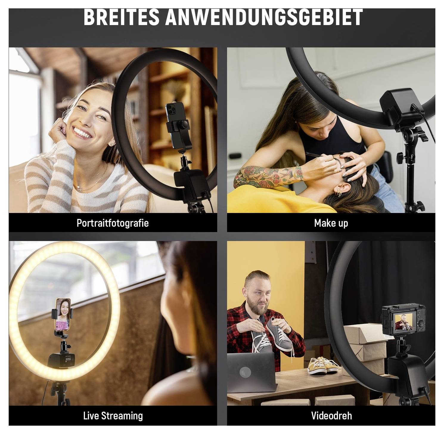 Collage à quatre panneaux intitulée « LARGE DOMAINE D'APPLICATION » montrant l'utilisation de la lumière annulaire pour la photographie de portrait, le maquillage, la diffusion en direct et la prise de vidéo.