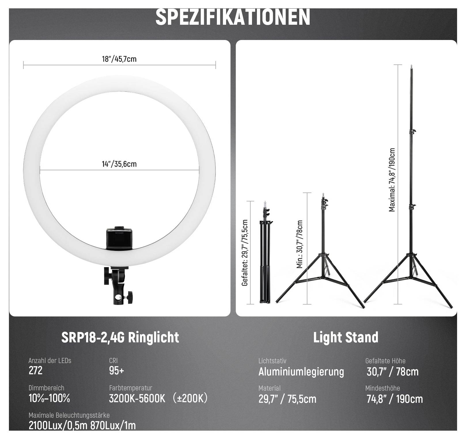 Spécifications du produit pour anneau lumineux SRP18-2.4G et pied lumineux, montrant la taille de l'anneau lumineux 18"/45,7 cm avec diamètre intérieur de 14"/35,6 cm, 272 DEL, et hauteur du pied ajustable 30,7"-74,8"/78-190 cm.