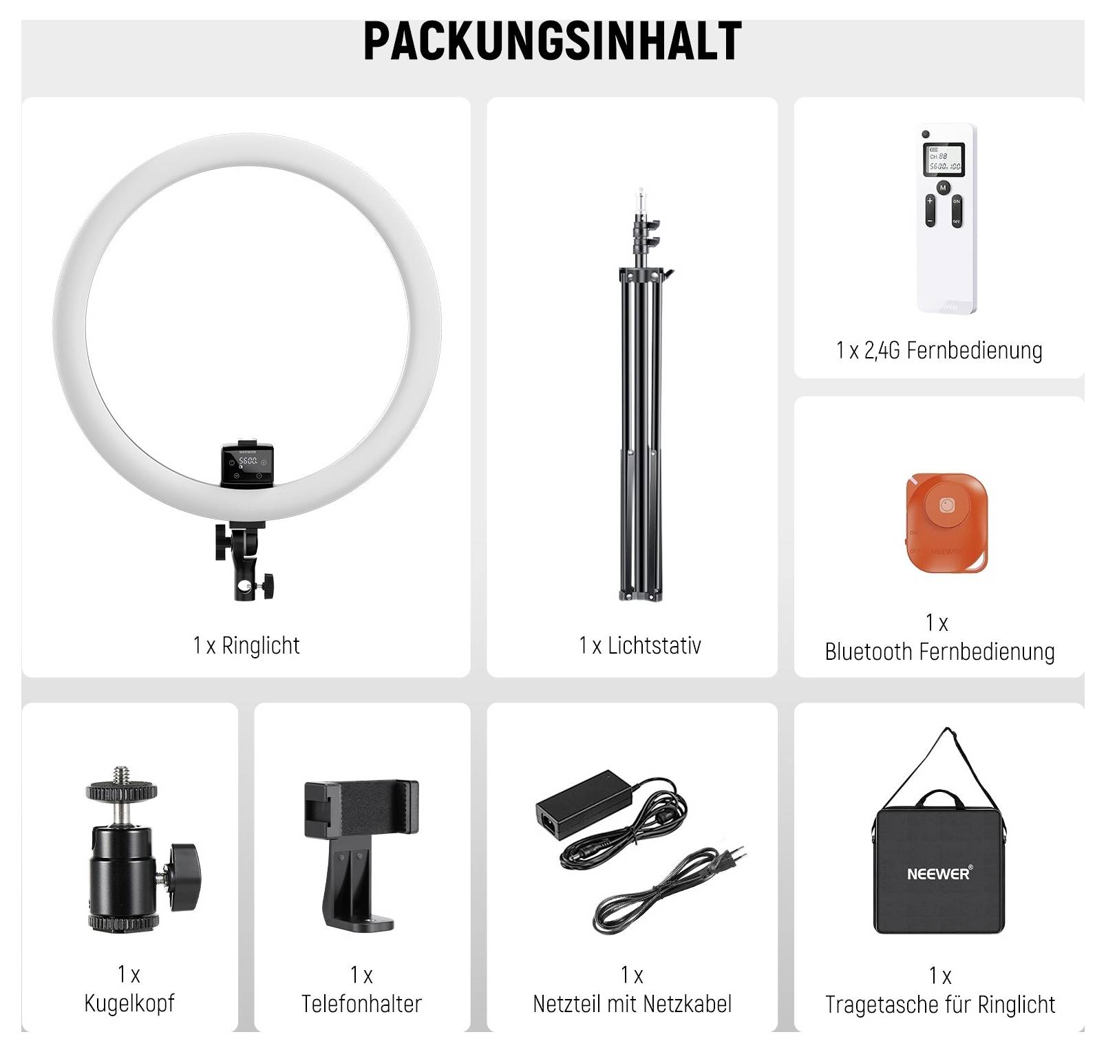 Contenu du kit de lampe annulaire : lampe annulaire, pied de lumière, télécommande 2.4G, télécommande Bluetooth, tête à rotule, support de téléphone, adaptateur d'alimentation et sac de transport.