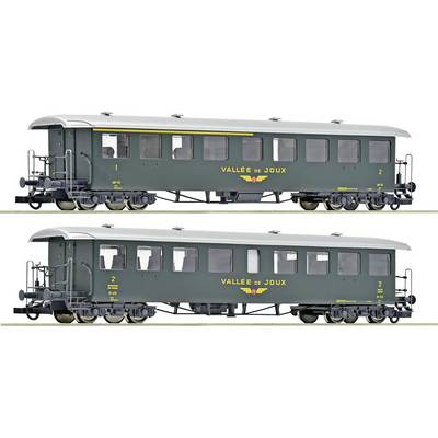 Vue latérale de deux voitures de passagers de la Vallée de Joux vert foncé avec des toits gris, affichées l'une au-dessus de l'autre sur un fond blanc.