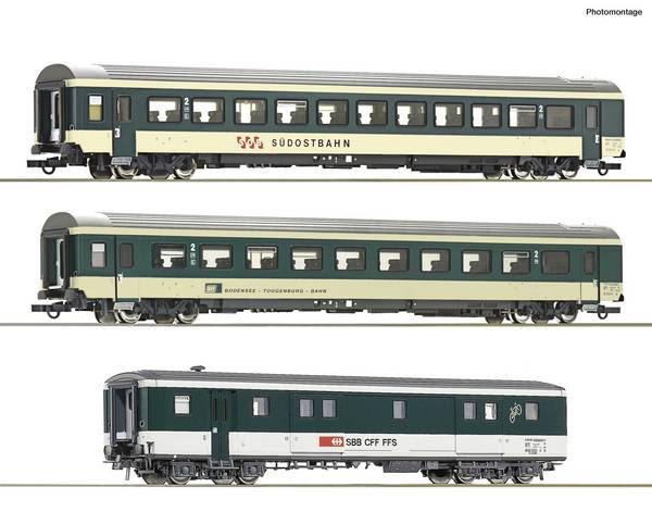 Roco 6200212 H0 3 pièces Set 1 : Voiture de train « Voralpen-Express » (DC) Ensemble de wagons « Voralpen-Express » de différentes compagnies ferroviaires suisses