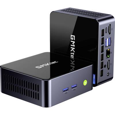 Deux mini PC compacts GMKtec présentés en noir, l'un en position horizontale et l'autre en position verticale, avec les ports avant et arrière visibles.