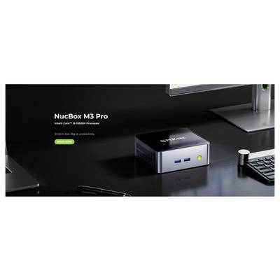 Image promotionnelle d'un mini PC NucBox M3 Pro sur un bureau, avec le texte « NucBox M3 Pro », « Processeur Intel Core i5-13500H », « Petit par la taille. Grand en productivité. » et un bouton « ACHETER MAINTENANT ».