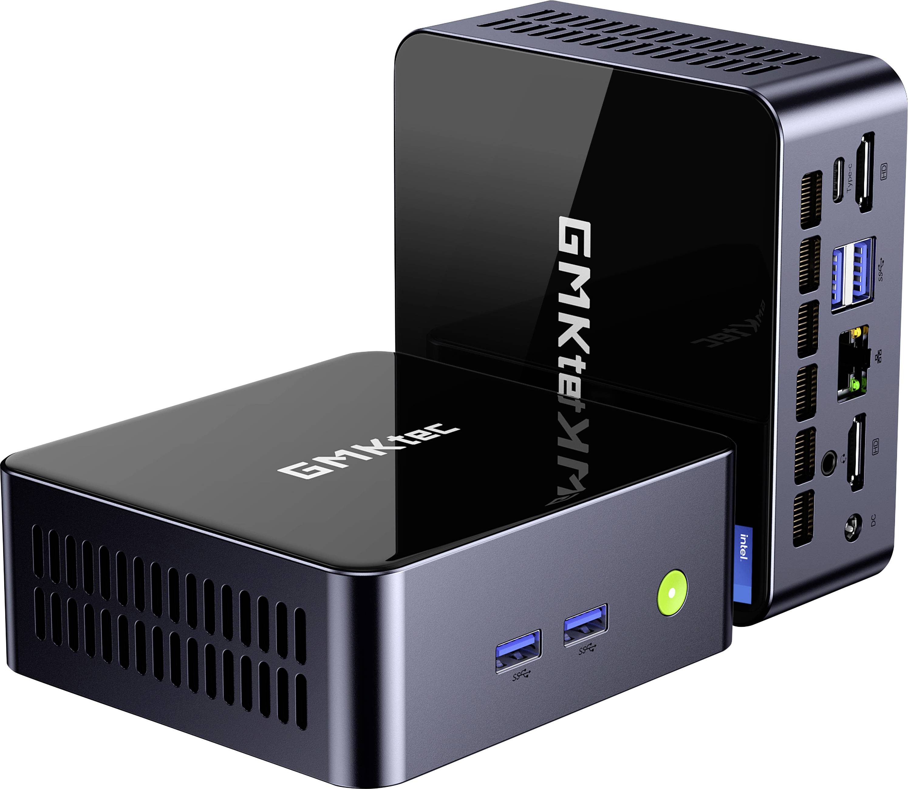 Deux mini PC compacts GMKtec de couleur noire, présentant les vues avant et arrière avec plusieurs ports USB, HDMI, Ethernet et connexions de prise audio.