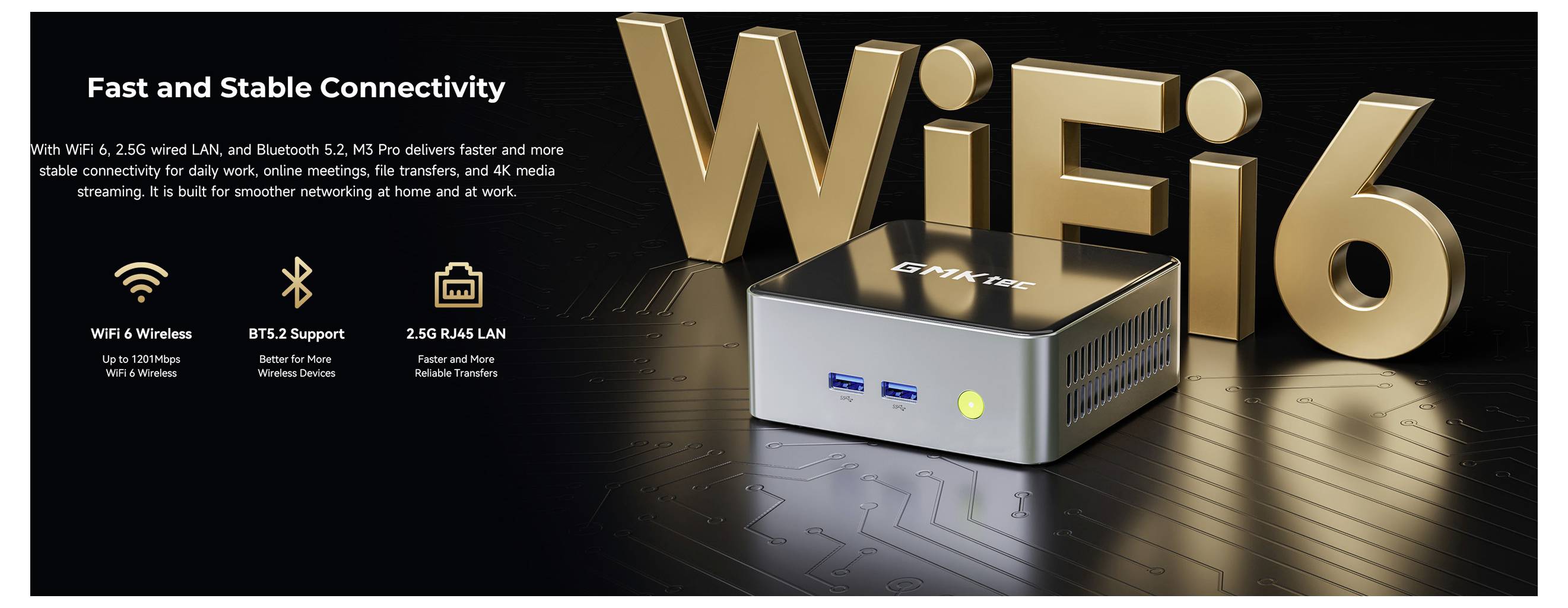 Graphique promotionnel pour un mini PC WiFi 6 avec « Connectivité rapide et stable » ; texte 3D « WiFi 6 » en or à côté de l'appareil et icônes pour WiFi 6, Bluetooth 5.2 et LAN 2.5G.