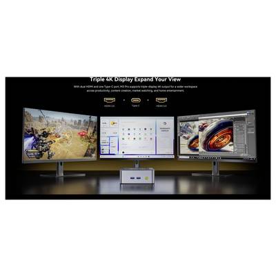 Configuration d'écrans 4K triple sur un socle, affichant une scène de jeu, un bureau Windows et un espace de travail d'édition photo, illustrant le support d'affichage dual HDMI et USB-C.