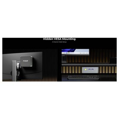 Graphique promotionnel pour « Montage VESA Caché » et « Une Configuration de Bureau Plus Épurée », montrant un moniteur et un PC monté de manière cachée, un clavier, et un bureau avec un look sans câbles.