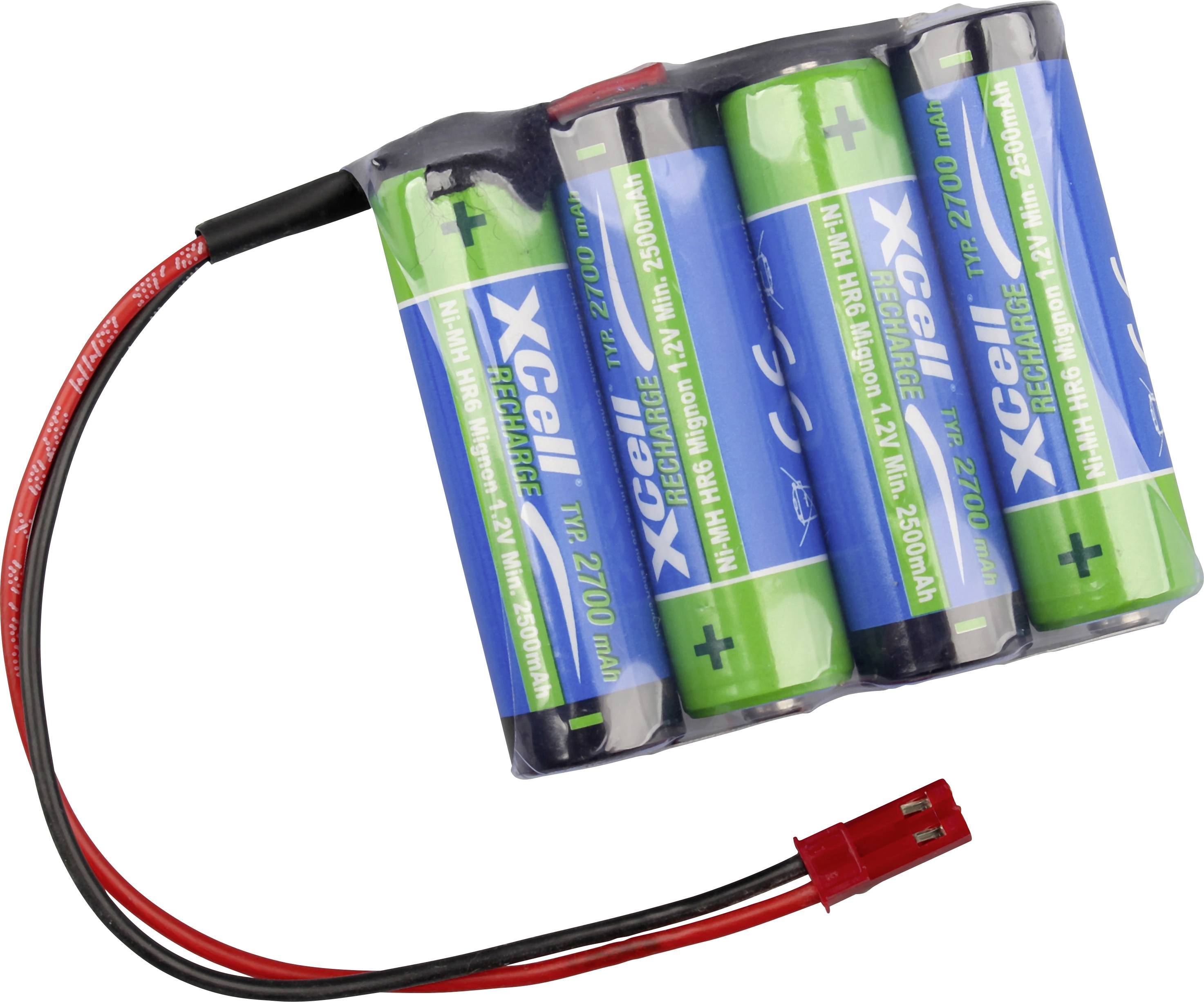 Un ensemble de batteries rechargeables emballé contenant quatre cellules Xcell avec des fils de connexion rouge et noir se terminant par un connecteur.