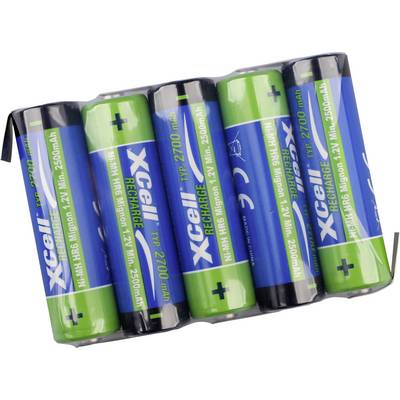 Six batteries AA rechargeables Xcell dans un support en plastique, étiquetées 1,2V Ni-MH 2500mAh.