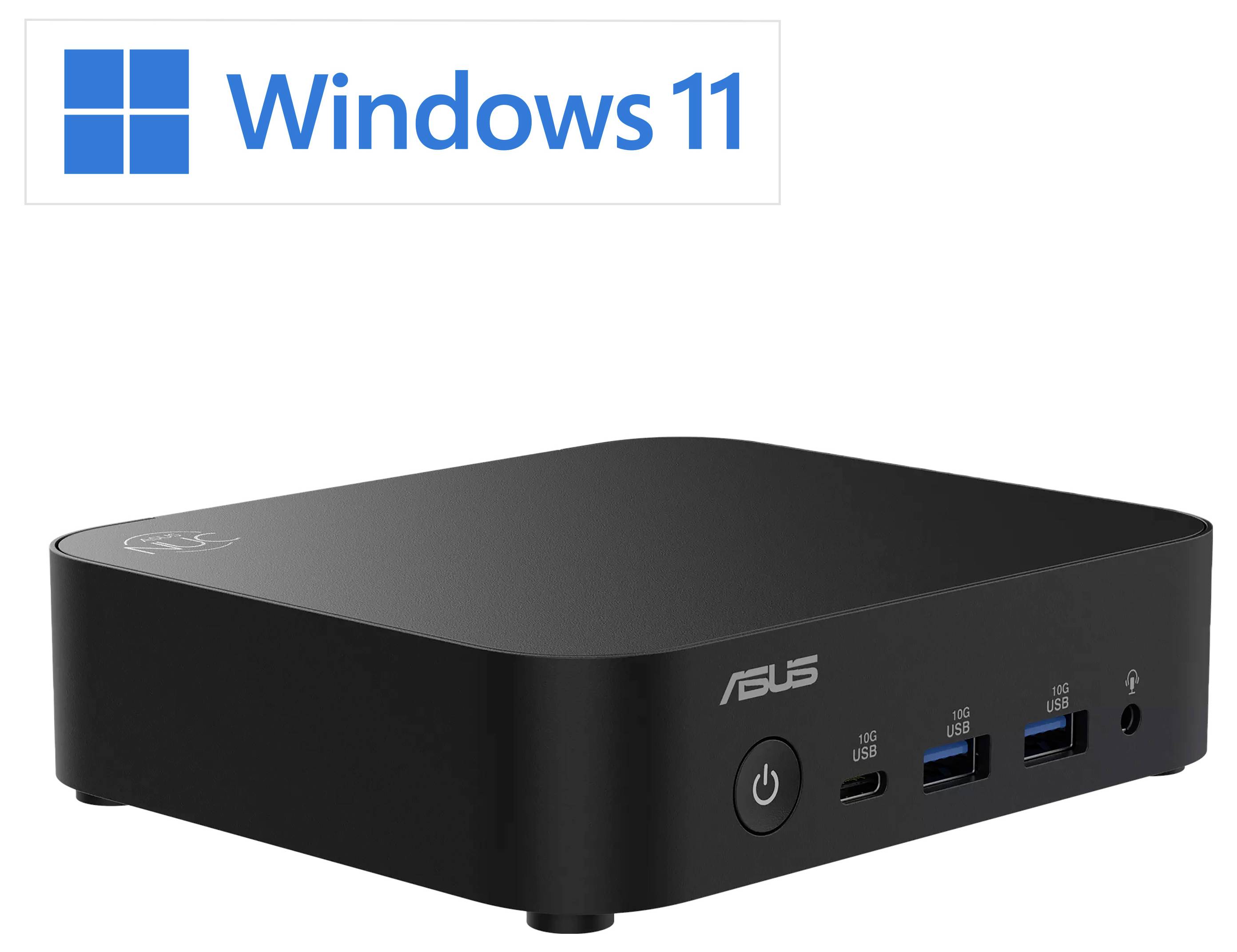 Mini PC ASUS présenté avec le logo Windows 11, vue de face sur fond blanc.
