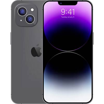 Vue de face et de dos d'un iPhone gris foncé avec caméras doubles et écran à encoches affichant 9:41 et mardi 9 janvier.