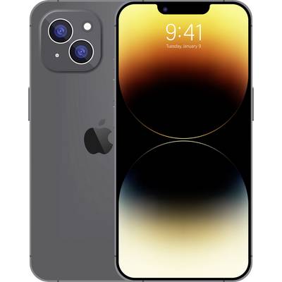 Vue de face et de dos d'un iPhone gris foncé avec caméras arrière doubles, présenté avec un écran à encoche affichant 9:41 et mardi 9 janvier.